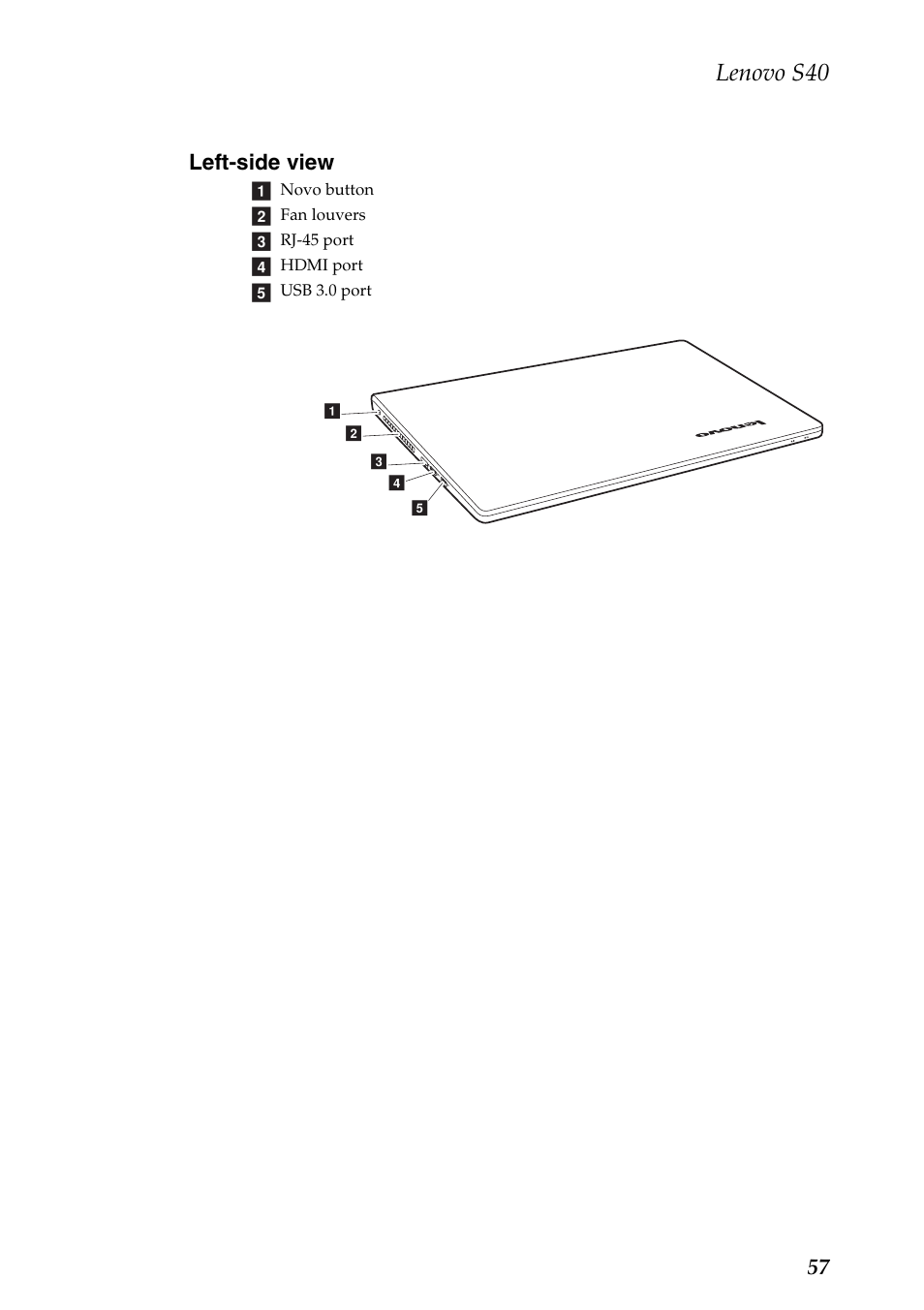 Left-side view, Lenovo s40, 57 left-side view | Lenovo S40-70 Notebook User Manual | Page 61 / 81