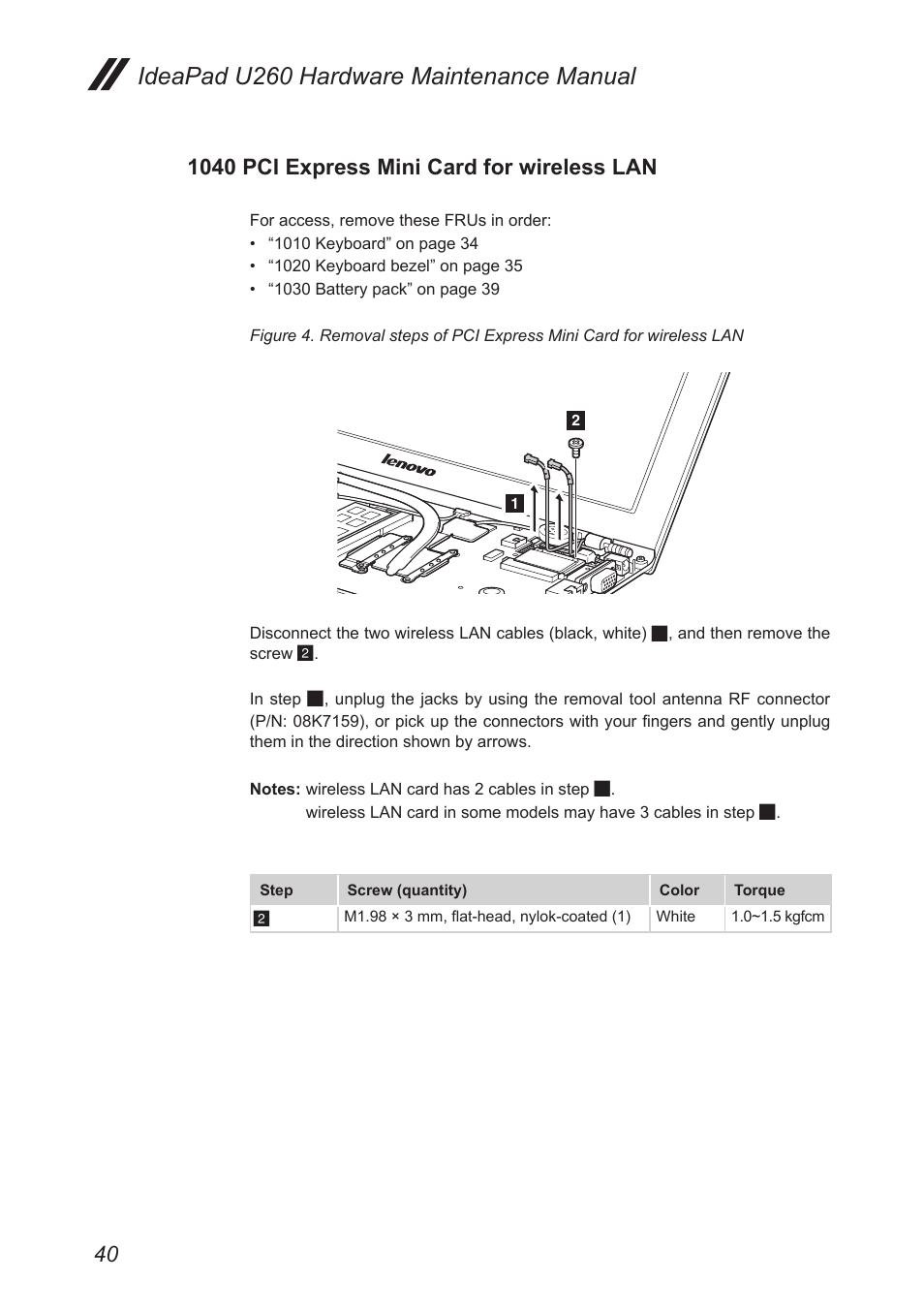 1040 pci express mini card for wireless lan, Ideapad u260 hardware maintenance manual | Lenovo IdeaPad U260 User Manual | Page 44 / 77