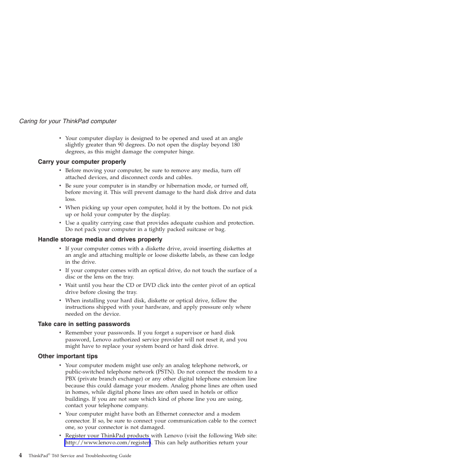 Carry your computer properly, Handle storage media and drives properly, Take care in setting passwords | Other important tips, Carry, Your, Computer, Properly, Handle, Storage | Lenovo ThinkPad T60p User Manual | Page 12 / 86