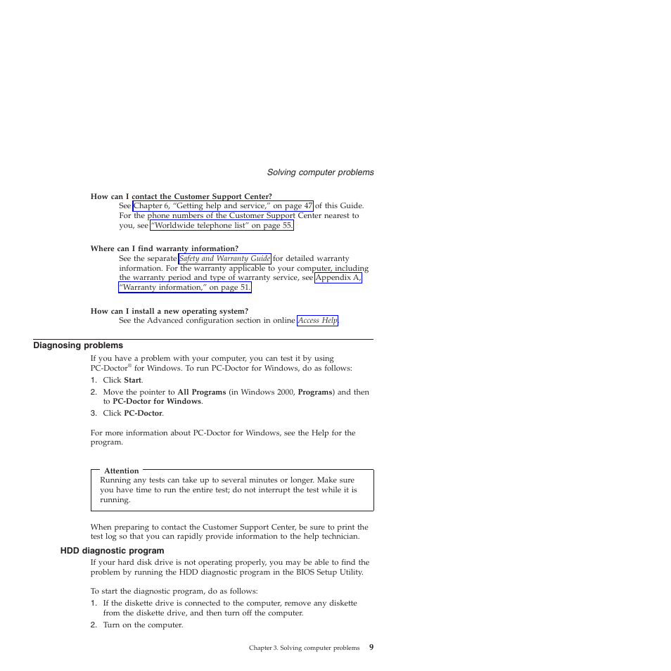 Diagnosing problems, Hdd diagnostic program, Diagnosing | Problems, Diagnostic, Program | Lenovo ThinkPad T60p User Manual | Page 17 / 86