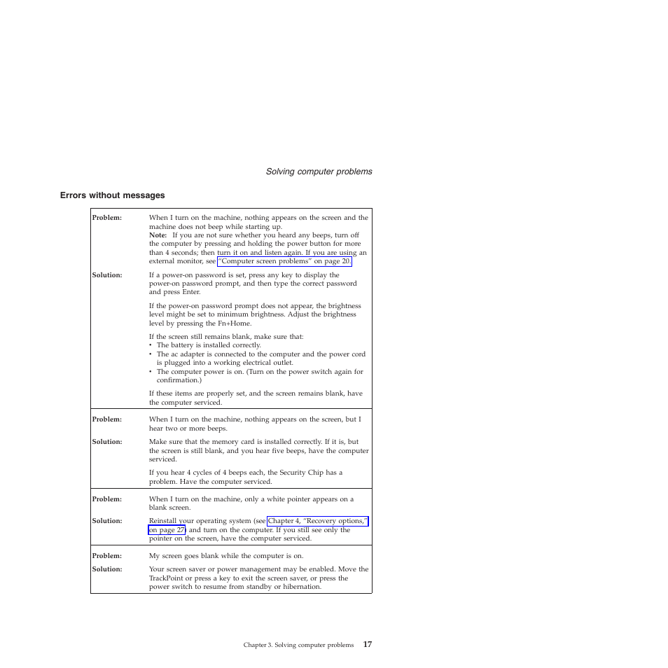 Errors without messages, Errors, Without | Messages | Lenovo ThinkPad T60p User Manual | Page 25 / 86