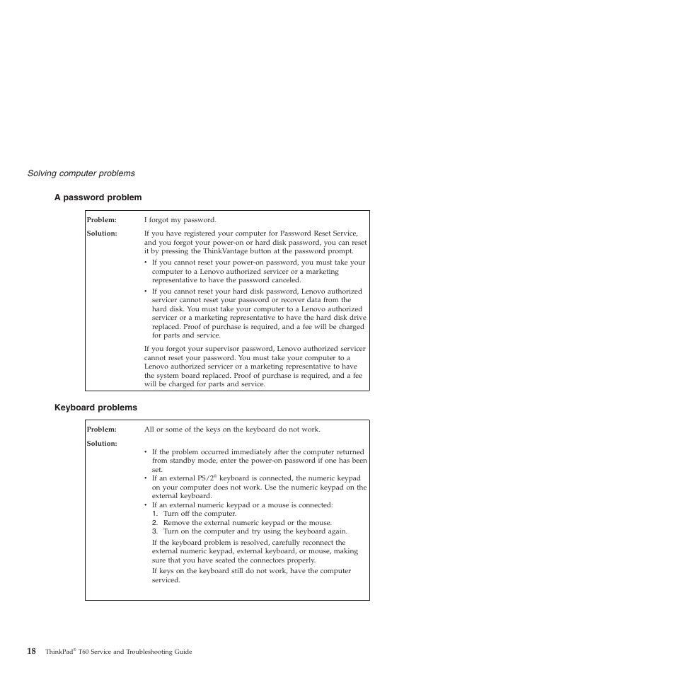 A password problem, Keyboard problems, Password | Problem, Keyboard, Problems | Lenovo ThinkPad T60p User Manual | Page 26 / 86