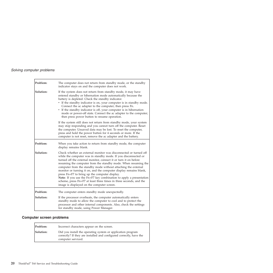 Computer screen problems, Computer, Screen | Problems | Lenovo ThinkPad T60p User Manual | Page 28 / 86