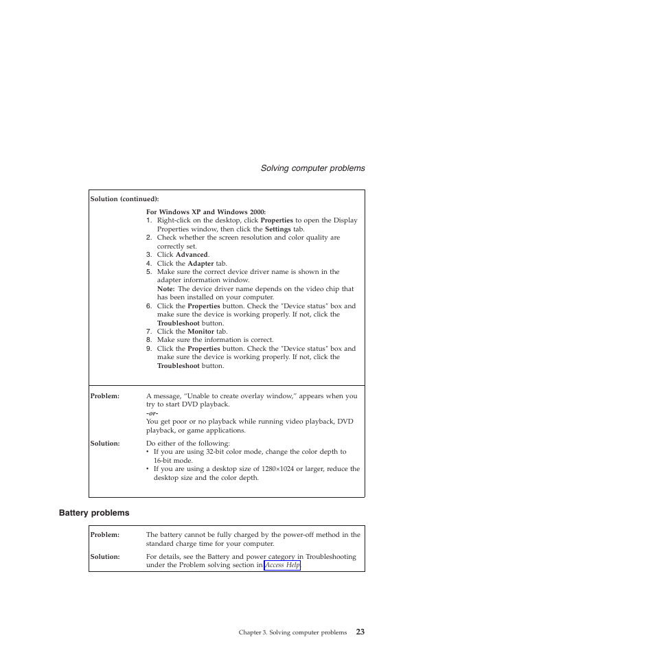 Battery problems, Battery, Problems | Lenovo ThinkPad T60p User Manual | Page 31 / 86