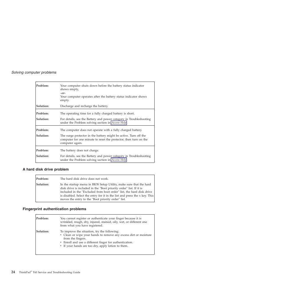 A hard disk drive problem, Fingerprint authentication problems, Hard | Disk, Drive, Problem, Fingerprint, Authentication, Problems | Lenovo ThinkPad T60p User Manual | Page 32 / 86