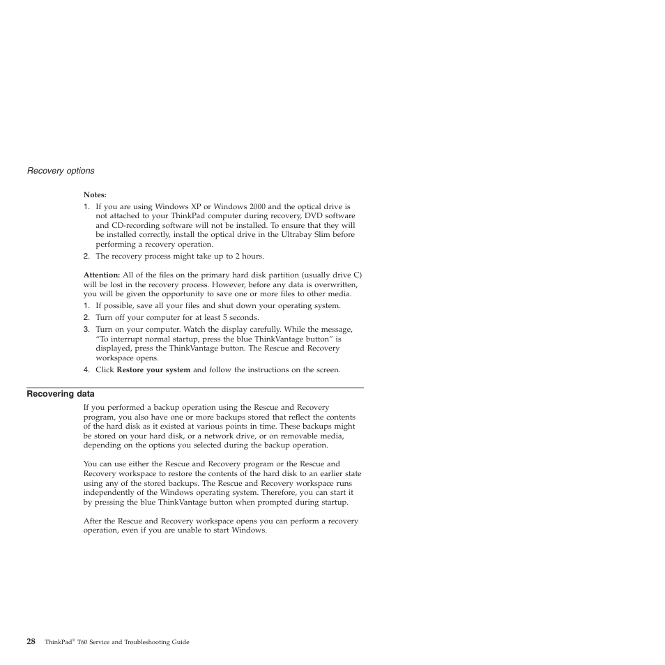 Recovering data, Recovering, Data | Lenovo ThinkPad T60p User Manual | Page 36 / 86