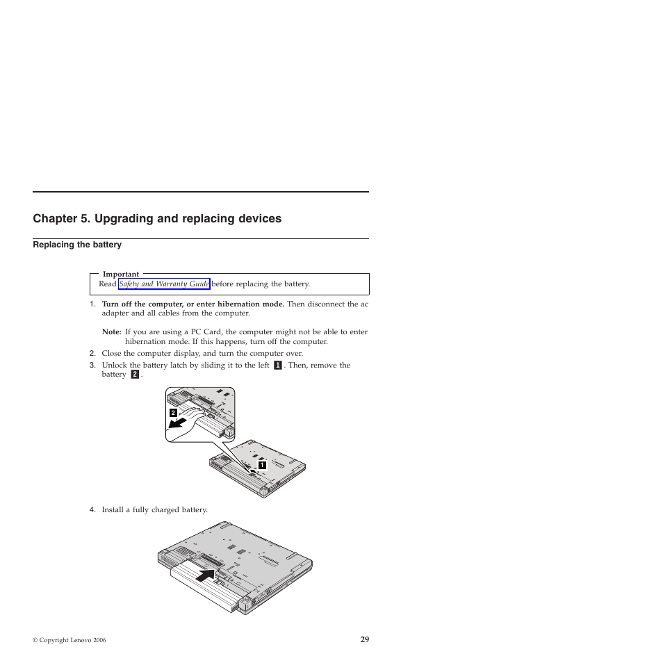 Chapter 5. upgrading and replacing devices, Replacing the battery, Chapter | Upgrading, Replacing, Devices, Battery | Lenovo ThinkPad T60p User Manual | Page 37 / 86