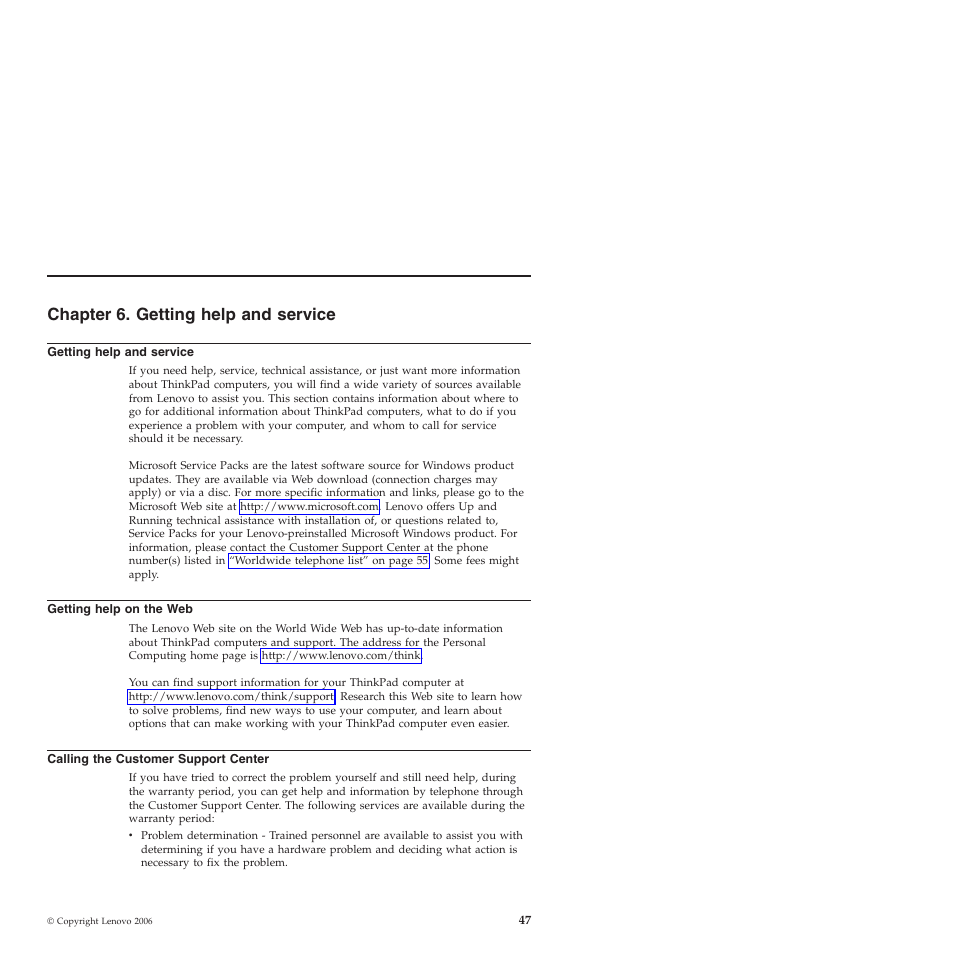 Chapter 6. getting help and service, Getting help and service, Getting help on the web | Calling the customer support center, Chapter, Getting, Help, Service, Calling, Customer | Lenovo ThinkPad T60p User Manual | Page 55 / 86