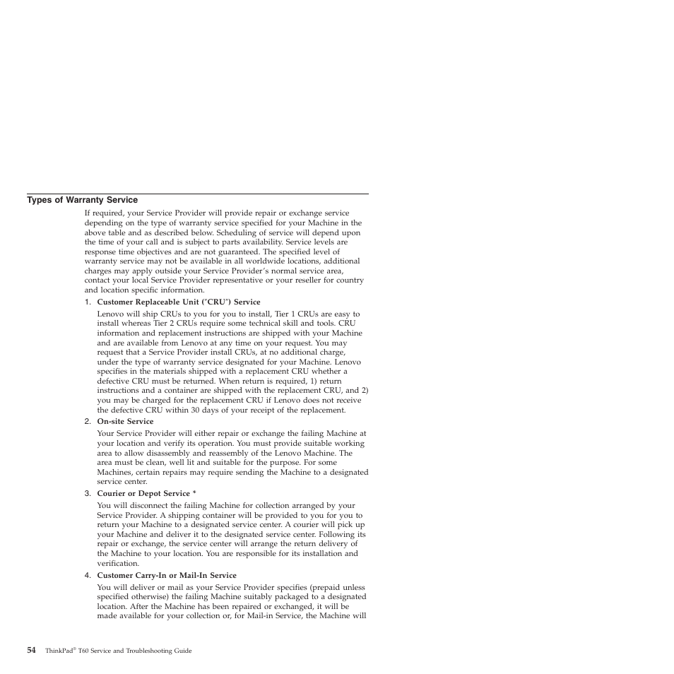 Types of warranty service, Types, Warranty | Service | Lenovo ThinkPad T60p User Manual | Page 62 / 86