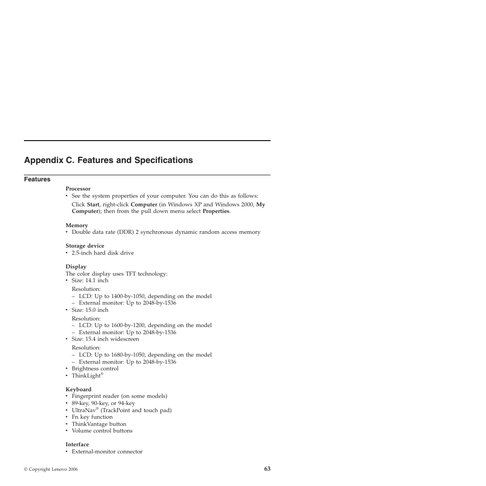 Appendix c. features and specifications, Features, Appendix | Specifications | Lenovo ThinkPad T60p User Manual | Page 71 / 86