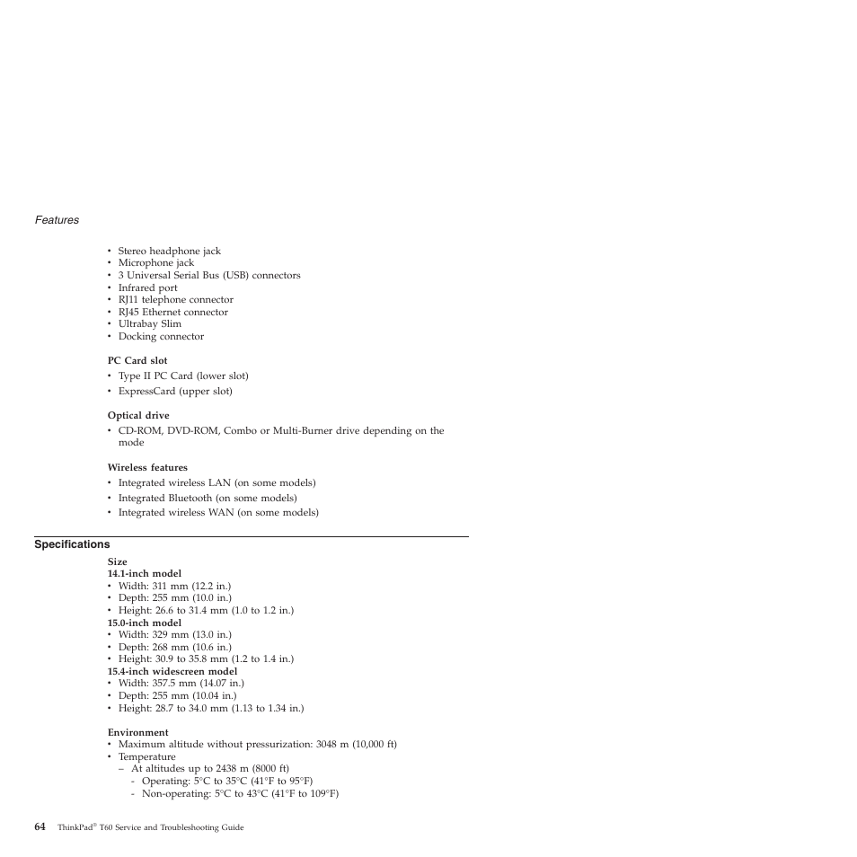 Specifications | Lenovo ThinkPad T60p User Manual | Page 72 / 86