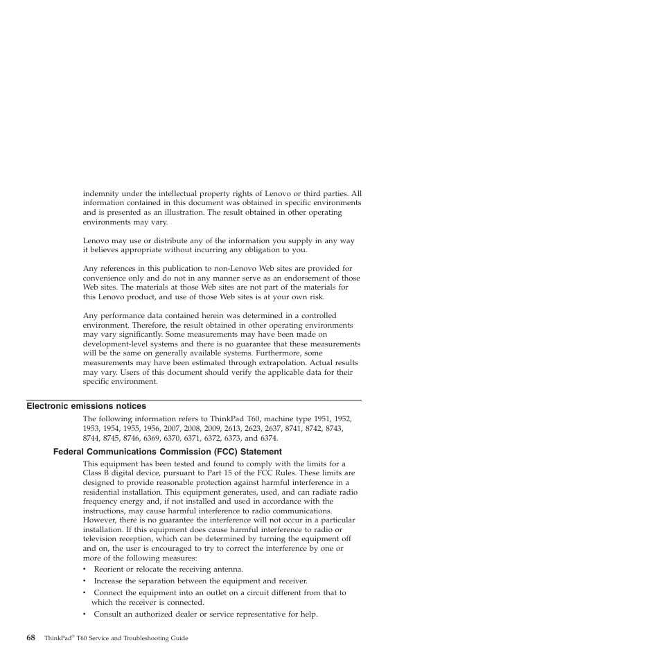 Electronic emissions notices, Federal communications commission (fcc) statement, Electronic | Emissions, Notices, Federal, Communications, Commission, Fcc), Statement | Lenovo ThinkPad T60p User Manual | Page 76 / 86