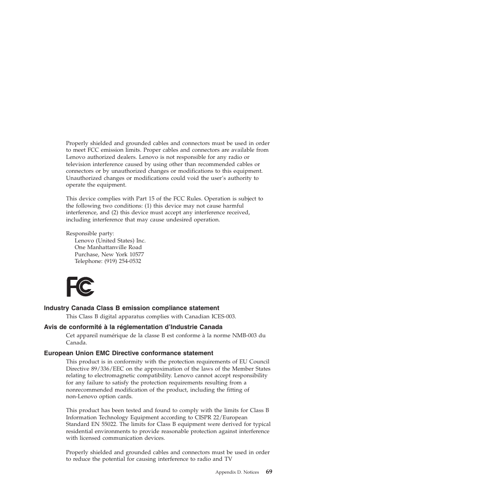 European union emc directive conformance statement, Industry, Canada | Class, Emission, Compliance, Statement, Avis, Conformité, Réglementation | Lenovo ThinkPad T60p User Manual | Page 77 / 86