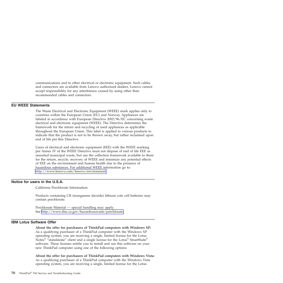 Eu weee statements, Notice for users in the u.s.a, Ibm lotus software offer | Weee, Statements, Notice, Users, U.s.a, Lotus, Software | Lenovo ThinkPad T60p User Manual | Page 78 / 86