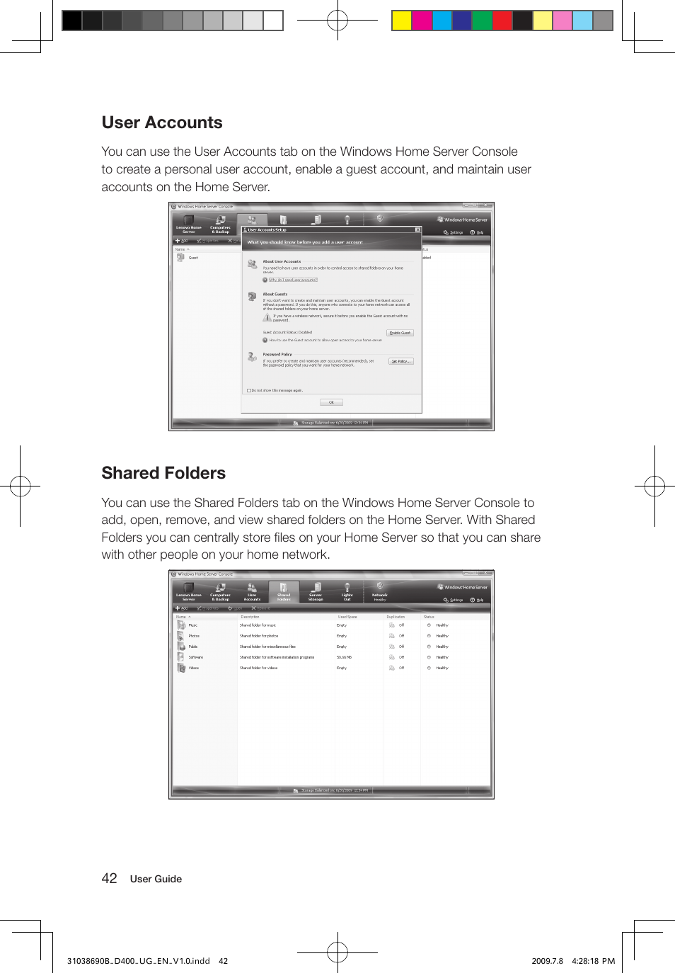 User accounts, Shared folders | Lenovo D400 Desktop IdeaCentre User Manual | Page 47 / 65