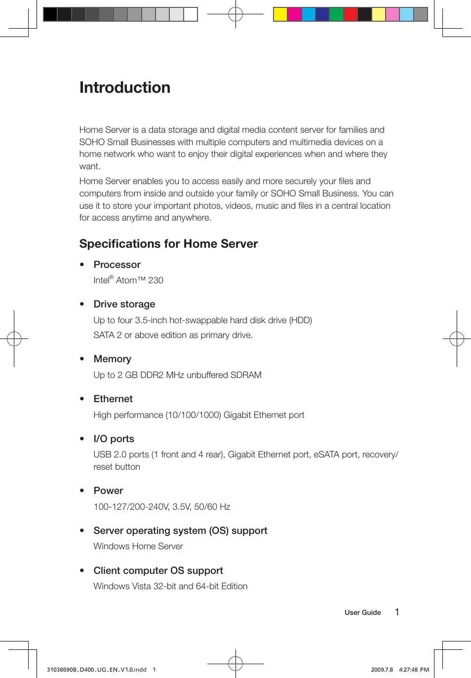 Introduction, Specifications for home server | Lenovo D400 Desktop IdeaCentre User Manual | Page 6 / 65
