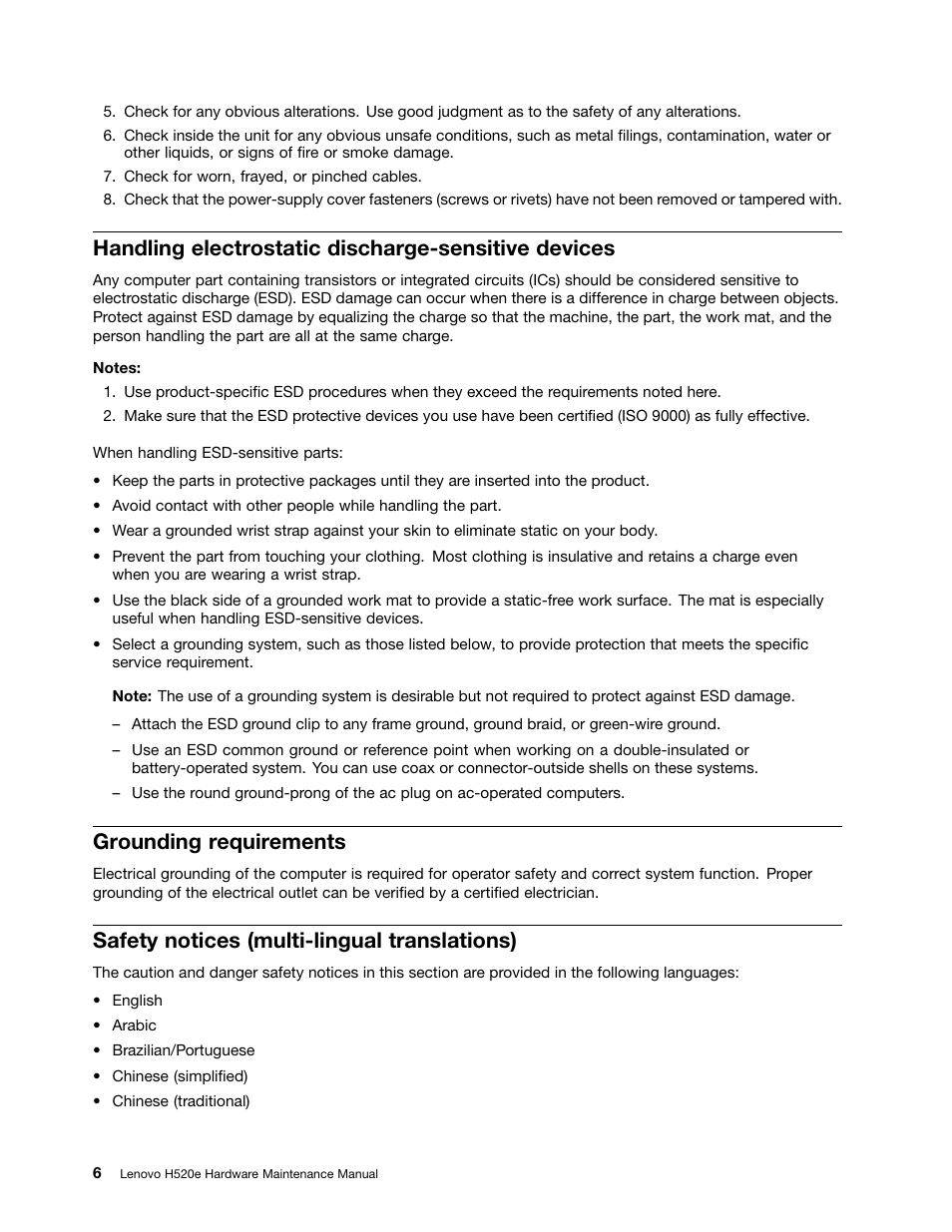 Handling electrostatic discharge-sensitive devices, Grounding requirements, Safety notices (multi-lingual translations) | Lenovo H520e Desktop User Manual | Page 10 / 110