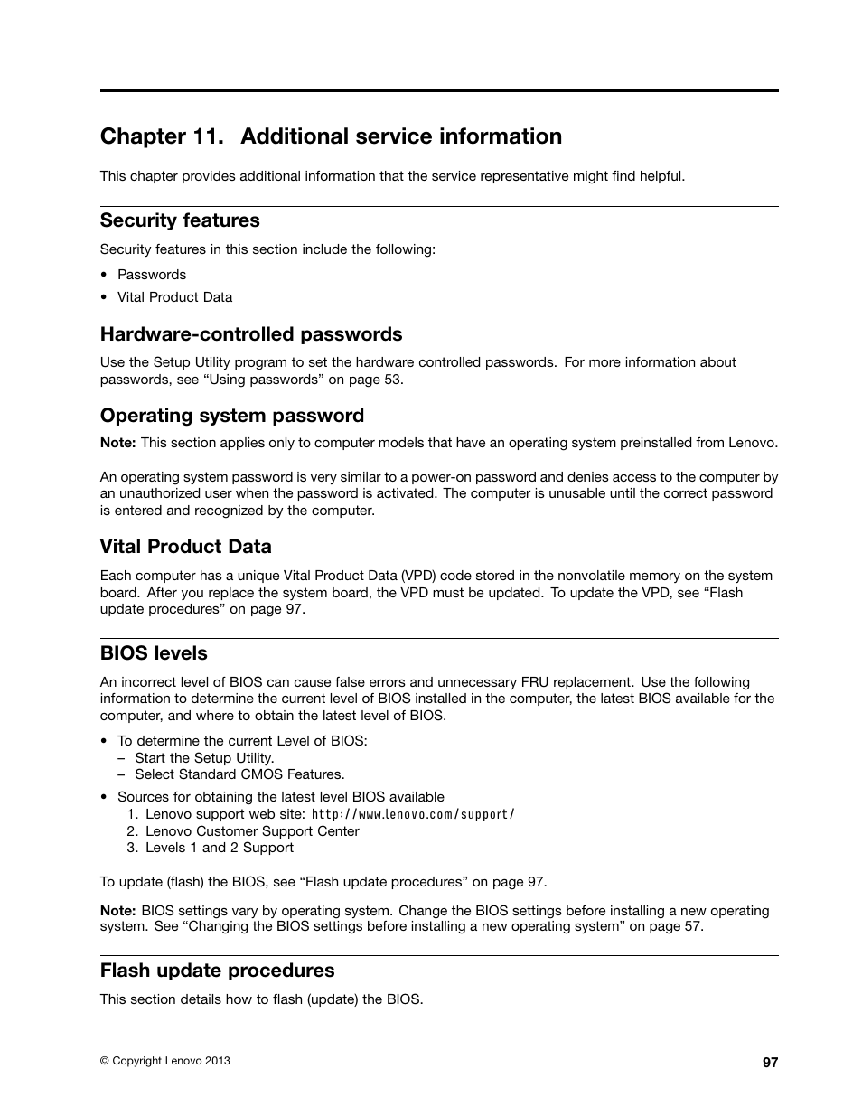 Chapter 11. additional service information, Security features, Hardware-controlled passwords | Operating system password, Vital product data, Bios levels, Flash update procedures | Lenovo H520e Desktop User Manual | Page 101 / 110