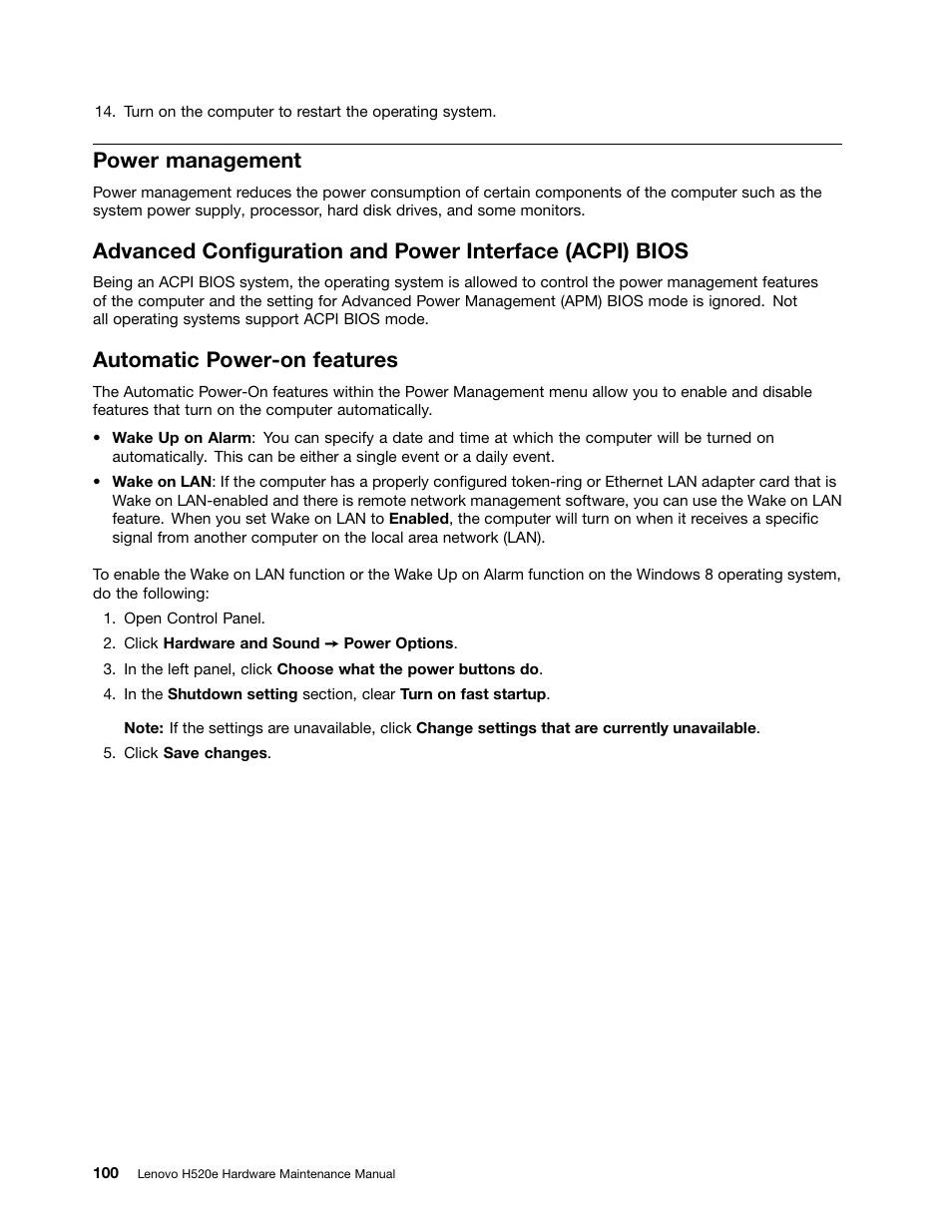 Power management, Automatic power-on features | Lenovo H520e Desktop User Manual | Page 104 / 110