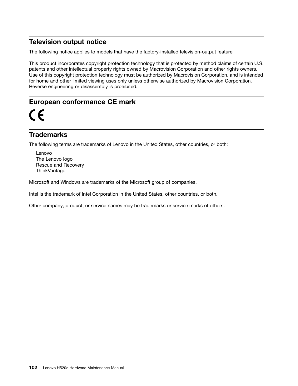 Television output notice, European conformance ce mark, Trademarks | European conformance ce mark trademarks | Lenovo H520e Desktop User Manual | Page 106 / 110