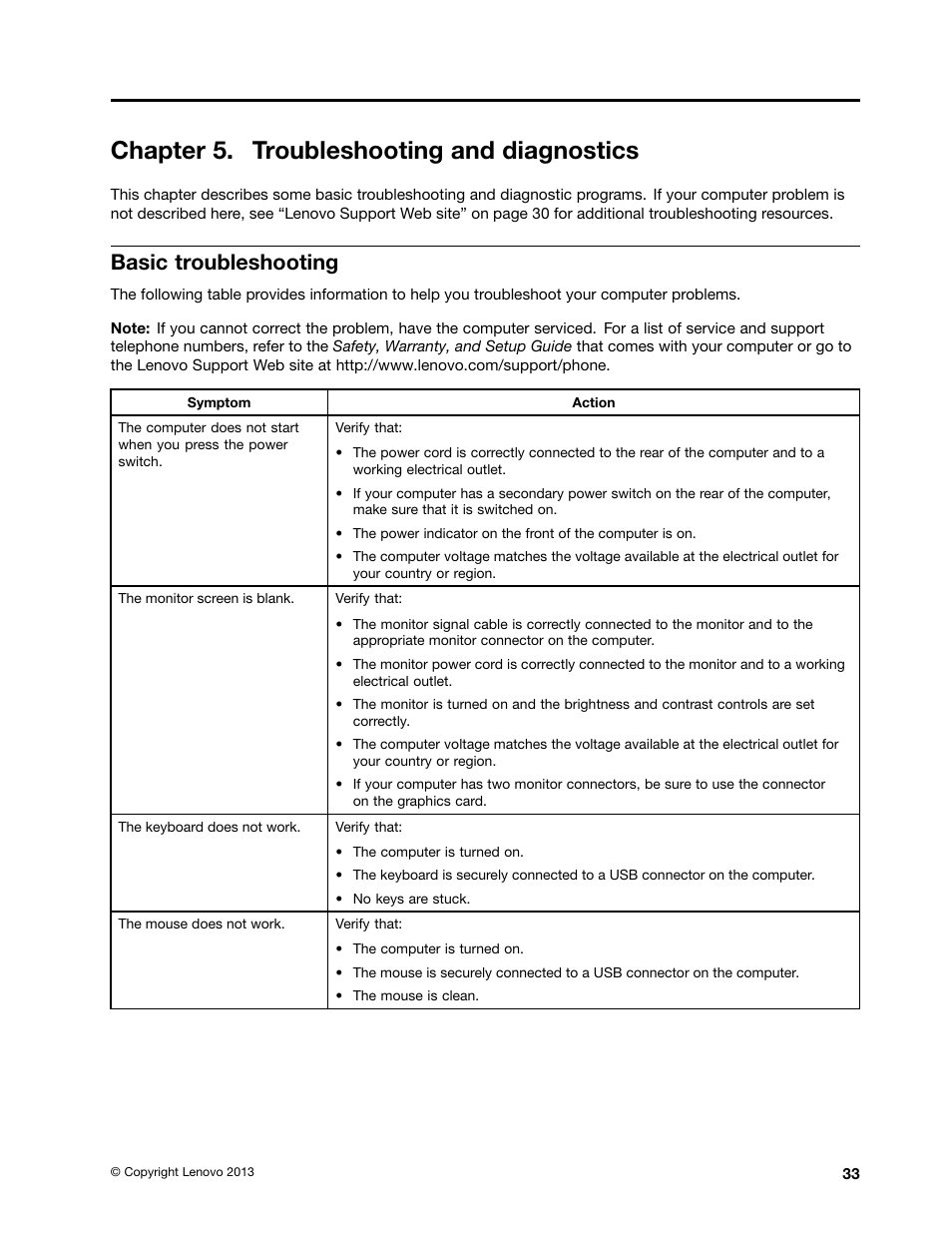 Chapter 5. troubleshooting and diagnostics, Basic troubleshooting | Lenovo H520e Desktop User Manual | Page 37 / 110