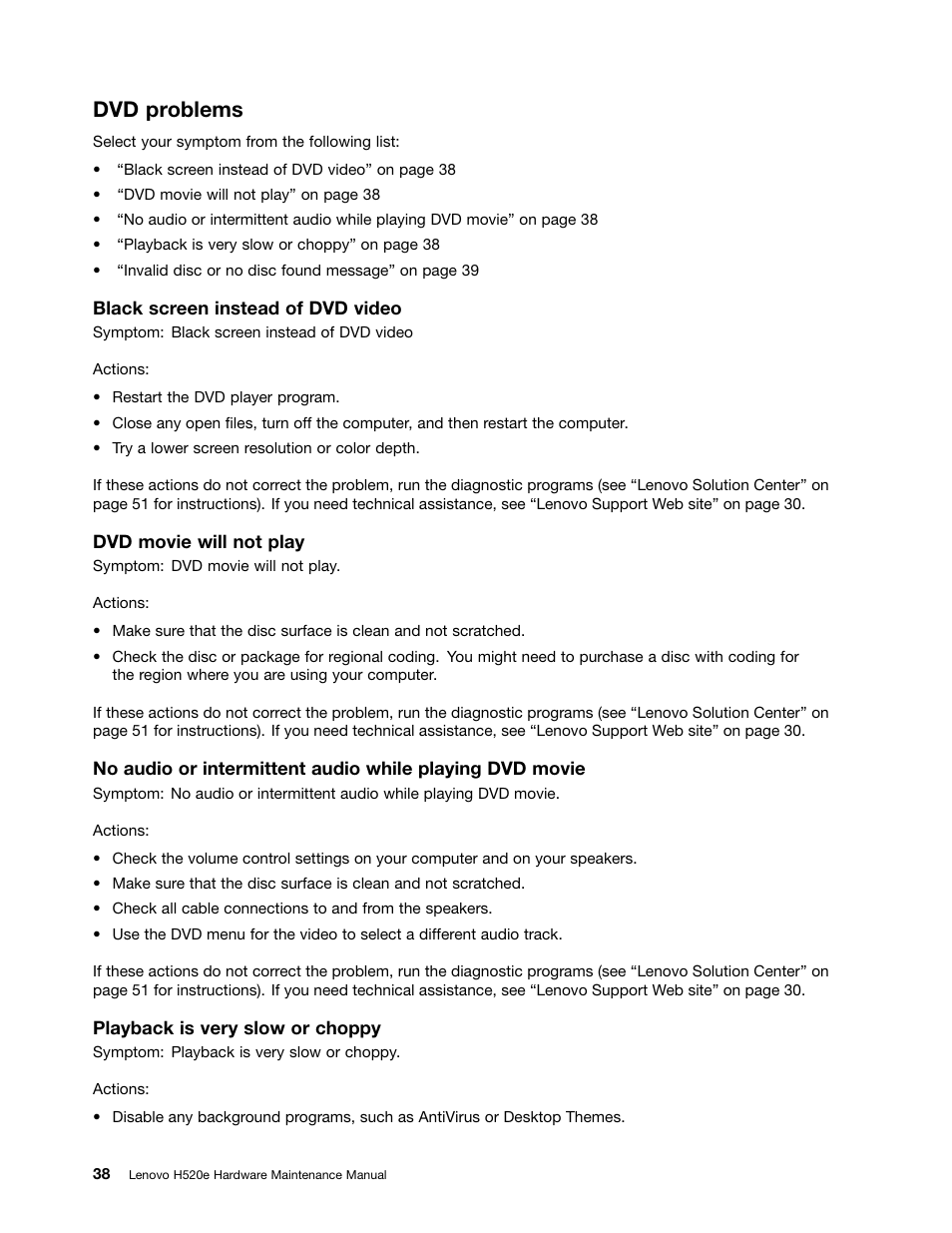 Dvd problems | Lenovo H520e Desktop User Manual | Page 42 / 110