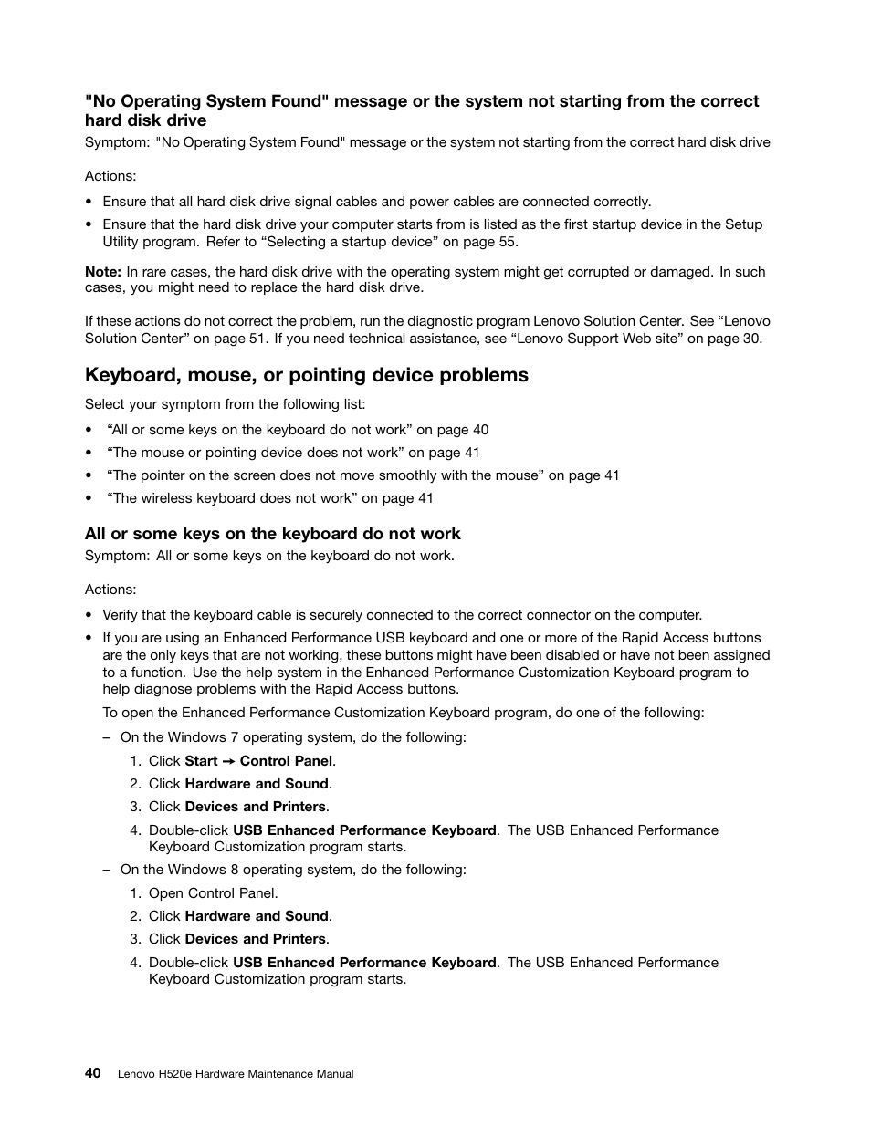 Keyboard, mouse, or pointing device problems | Lenovo H520e Desktop User Manual | Page 44 / 110