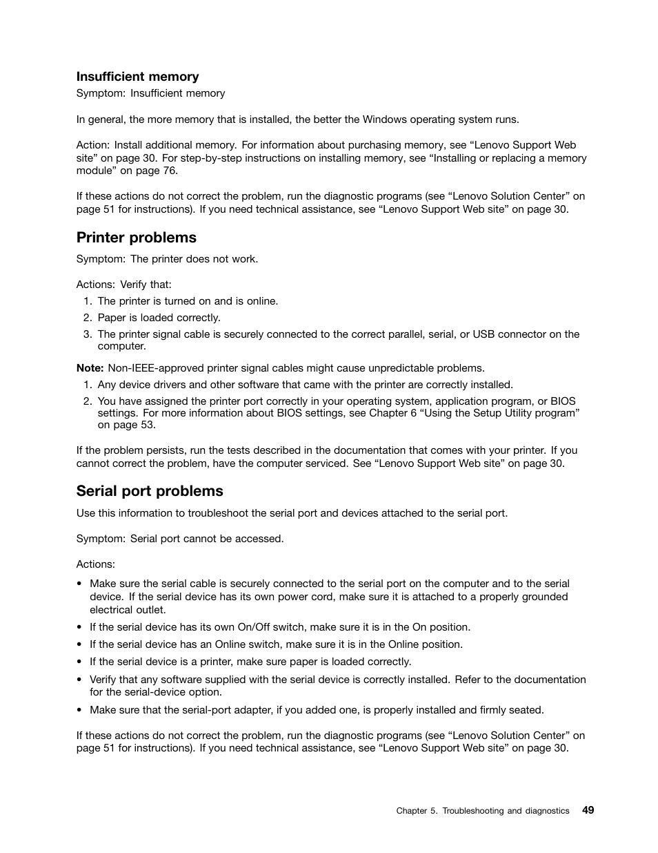 Printer problems, Serial port problems | Lenovo H520e Desktop User Manual | Page 53 / 110