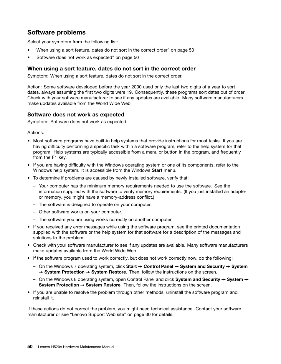 Software problems | Lenovo H520e Desktop User Manual | Page 54 / 110