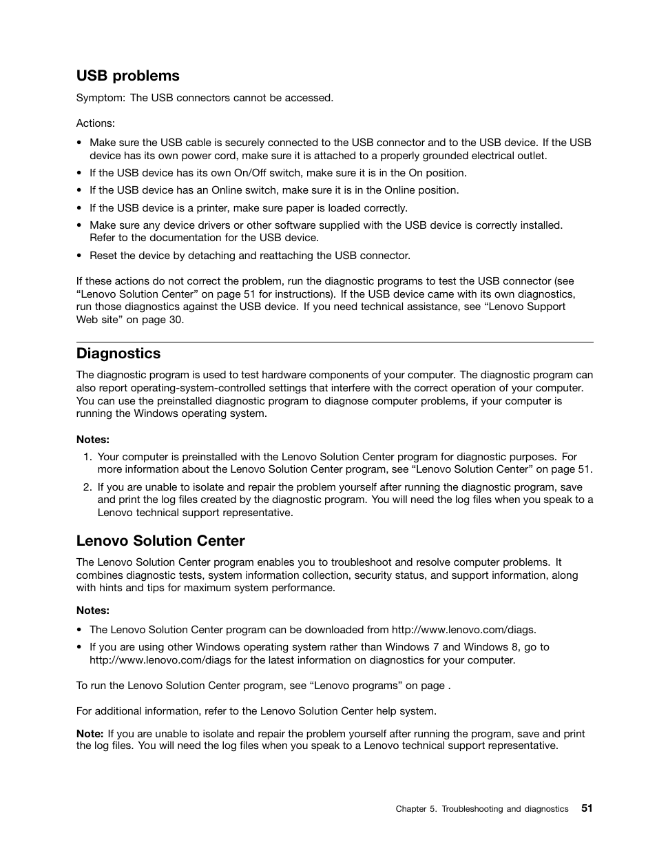 Usb problems, Diagnostics, Lenovo solution center | Lenovo solution center” on | Lenovo H520e Desktop User Manual | Page 55 / 110