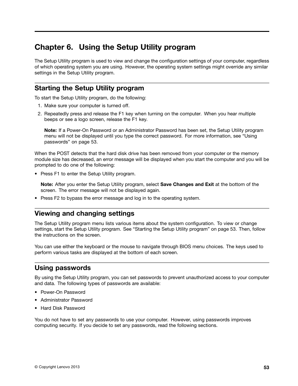 Chapter 6. using the setup utility program, Starting the setup utility program, Viewing and changing settings | Using passwords | Lenovo H520e Desktop User Manual | Page 57 / 110