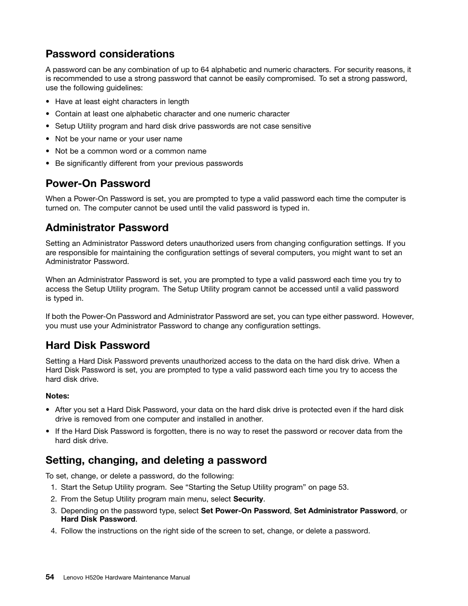Password considerations, Power-on password, Administrator password | Hard disk password, Setting, changing, and deleting a password | Lenovo H520e Desktop User Manual | Page 58 / 110