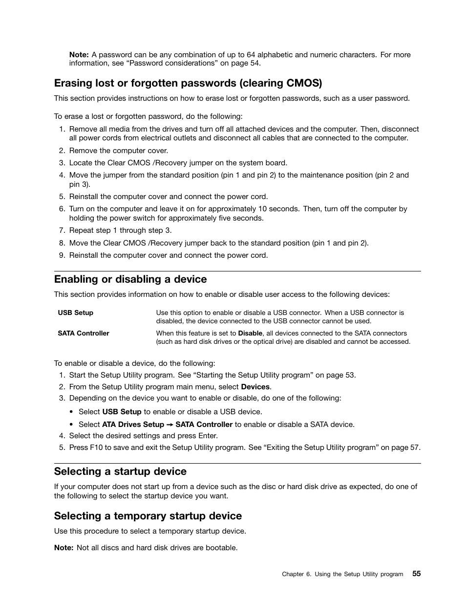Enabling or disabling a device, Selecting a startup device, Selecting a temporary startup device | Lenovo H520e Desktop User Manual | Page 59 / 110