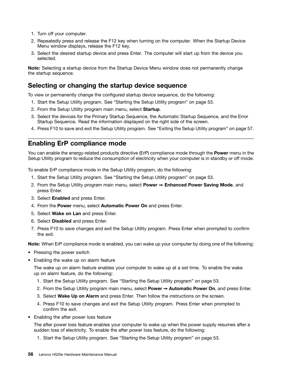 Selecting or changing the startup device sequence, Enabling erp compliance mode | Lenovo H520e Desktop User Manual | Page 60 / 110