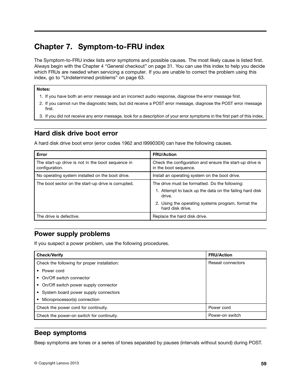 Chapter 7. symptom-to-fru index, Hard disk drive boot error, Power supply problems | Beep symptoms | Lenovo H520e Desktop User Manual | Page 63 / 110