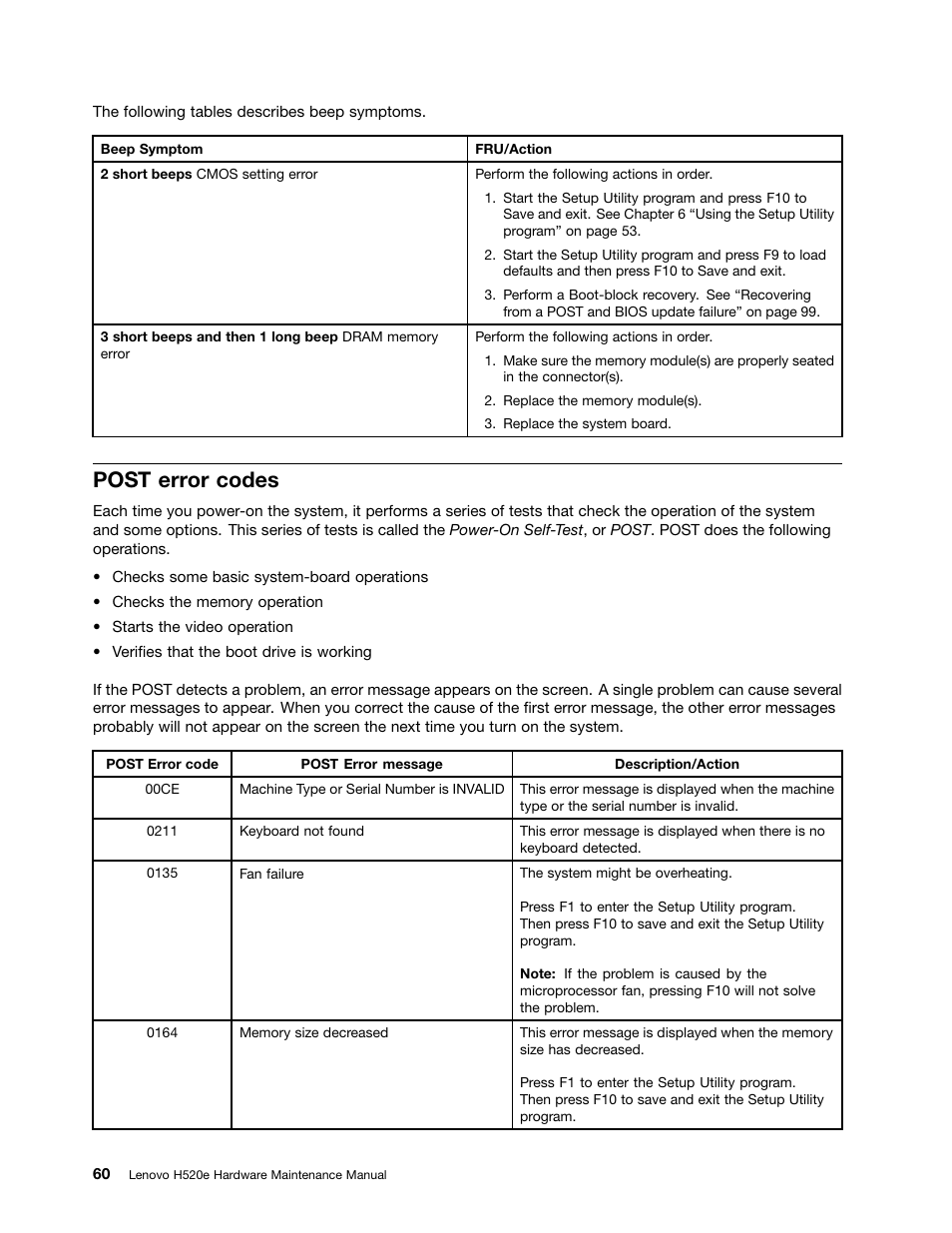 Post error codes | Lenovo H520e Desktop User Manual | Page 64 / 110