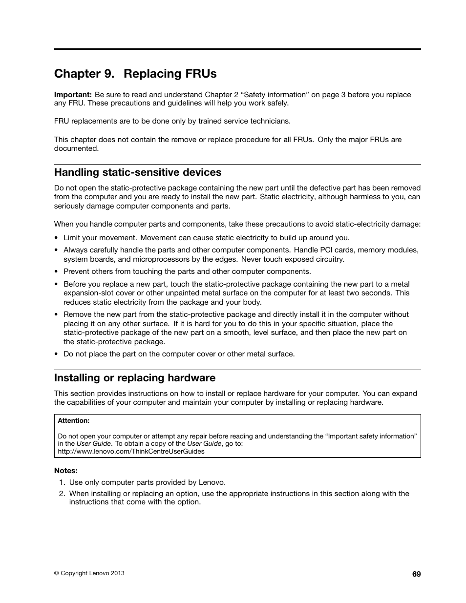 Chapter 9. replacing frus, Handling static-sensitive devices, Installing or replacing hardware | Lenovo H520e Desktop User Manual | Page 73 / 110