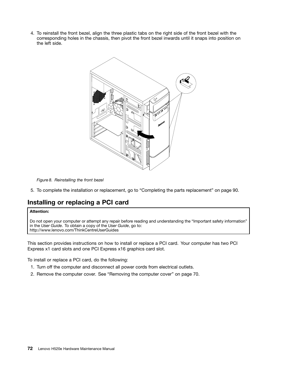 Installing or replacing a pci card | Lenovo H520e Desktop User Manual | Page 76 / 110