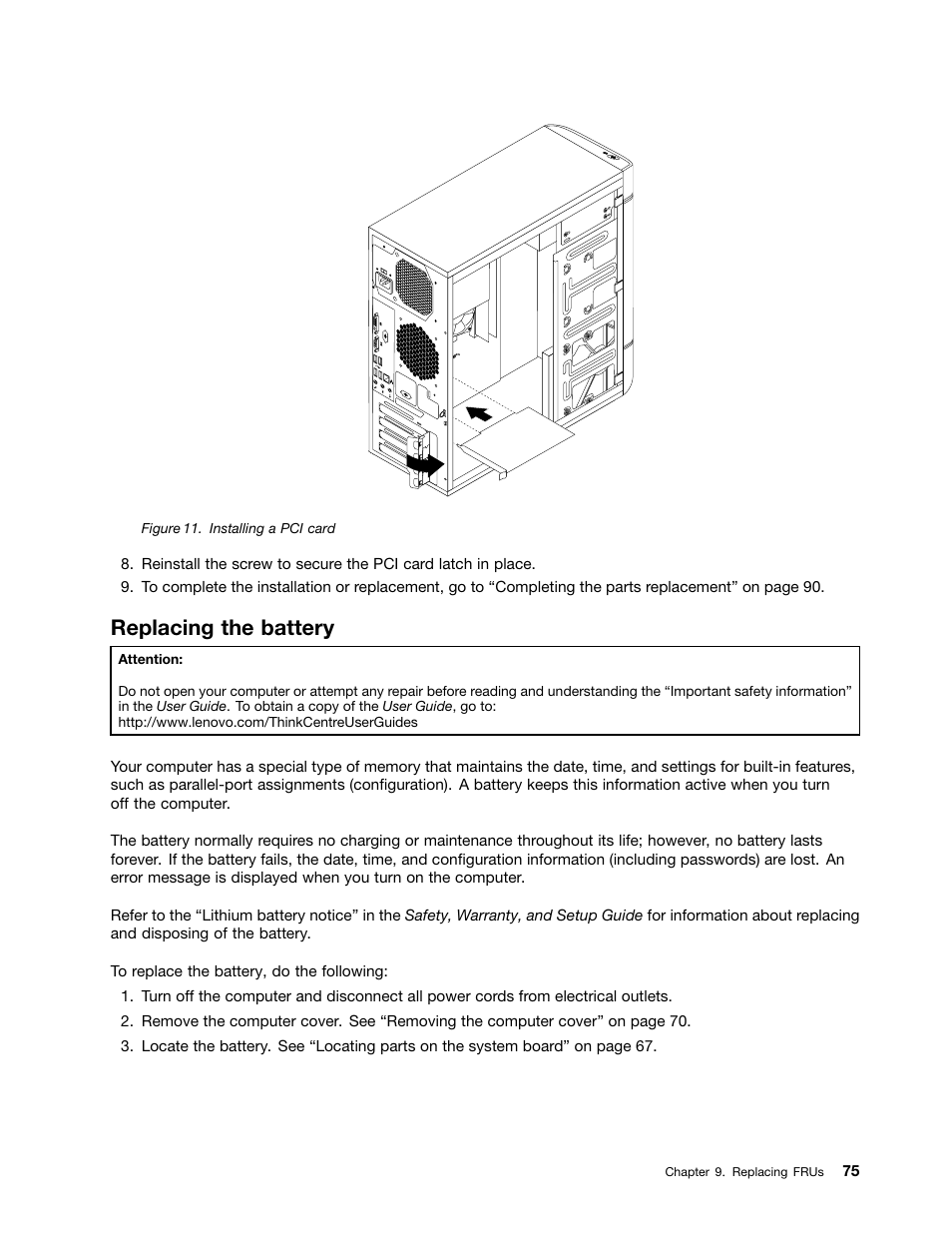 Replacing the battery | Lenovo H520e Desktop User Manual | Page 79 / 110