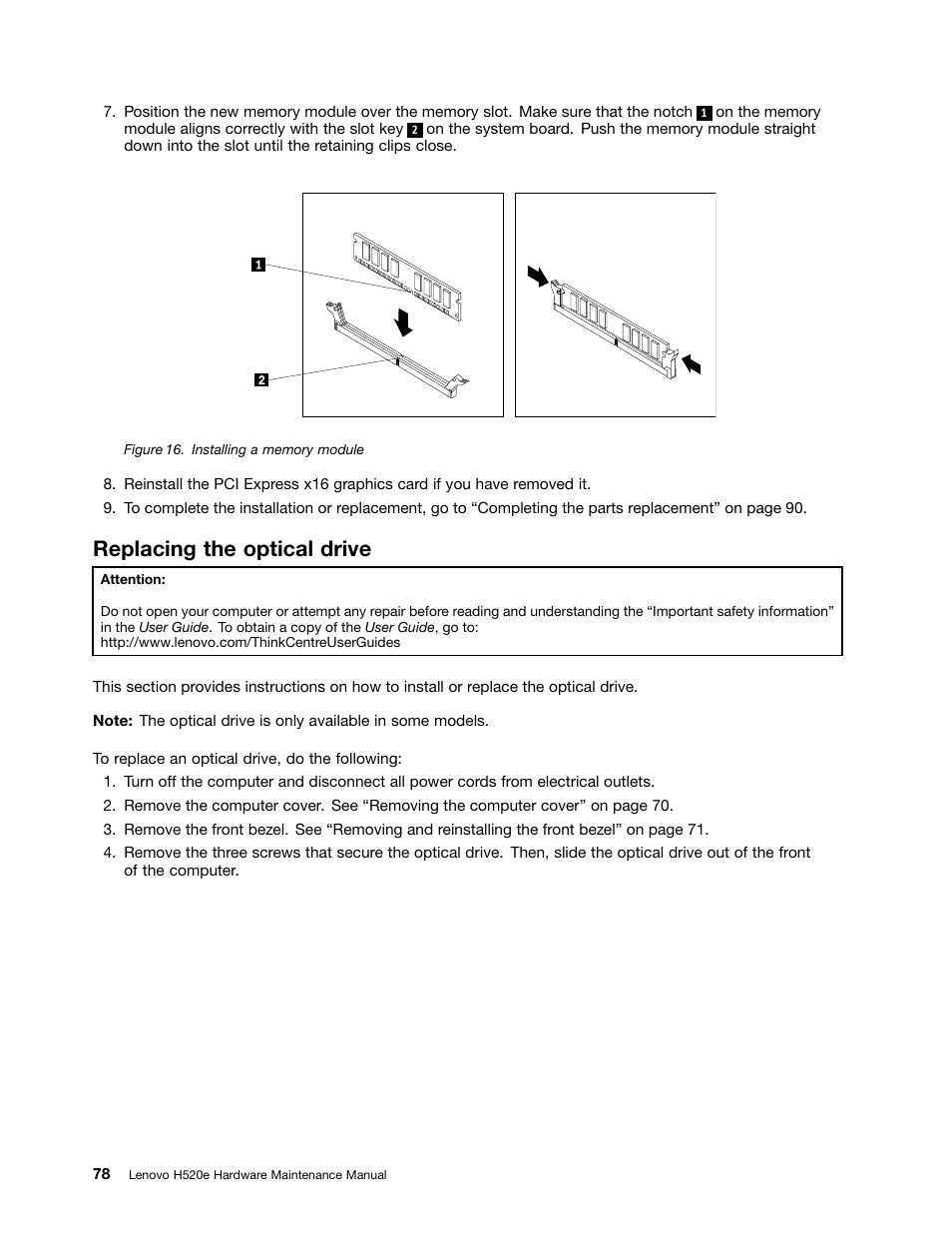 Replacing the optical drive | Lenovo H520e Desktop User Manual | Page 82 / 110