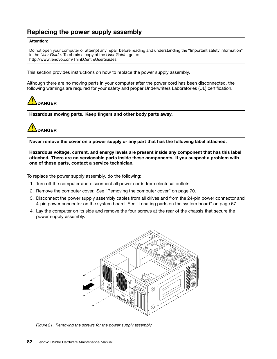 Replacing the power supply assembly | Lenovo H520e Desktop User Manual | Page 86 / 110