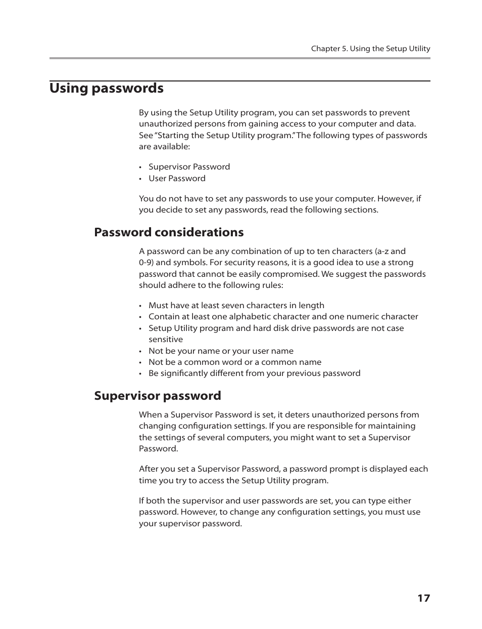 Using passwords, Password considerations, Supervisor password | Lenovo IdeaCentre Q200 User Manual | Page 19 / 55