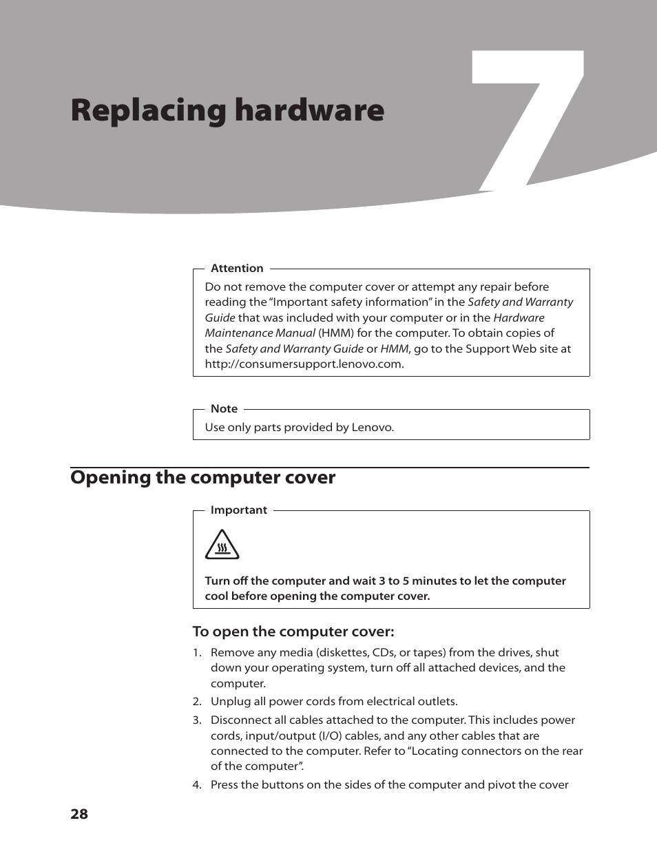 Replacing hardware | Lenovo IdeaCentre Q200 User Manual | Page 30 / 55