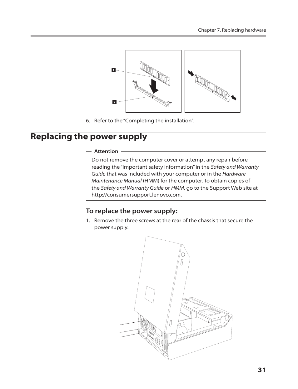 Replacing the power supply | Lenovo IdeaCentre Q200 User Manual | Page 33 / 55