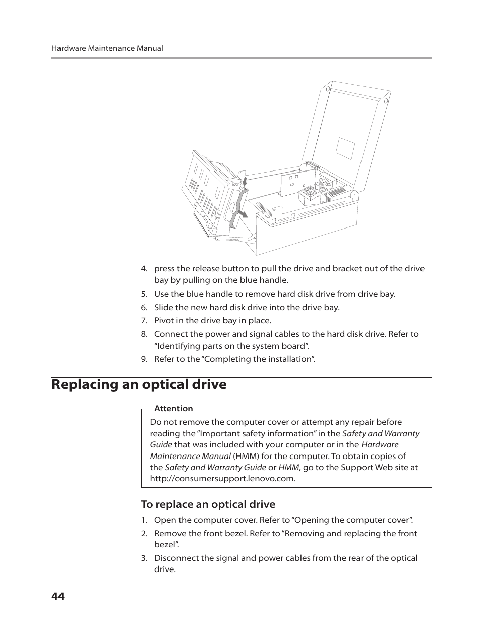 Replacing an optical drive | Lenovo IdeaCentre Q200 User Manual | Page 46 / 55