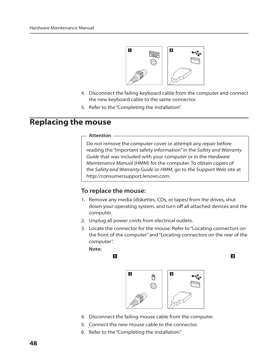 Replacing the mouse | Lenovo IdeaCentre Q200 User Manual | Page 50 / 55