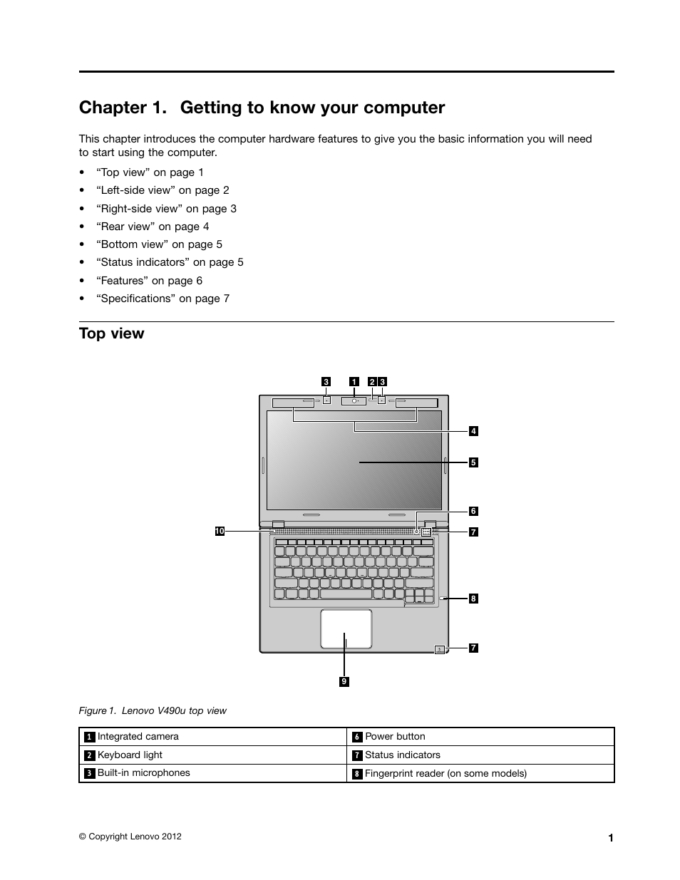 Chapter 1. getting to know your computer, Top view | Lenovo V490u Notebook User Manual | Page 13 / 62