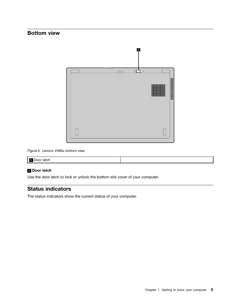 Bottom view, Status indicators | Lenovo V490u Notebook User Manual | Page 17 / 62