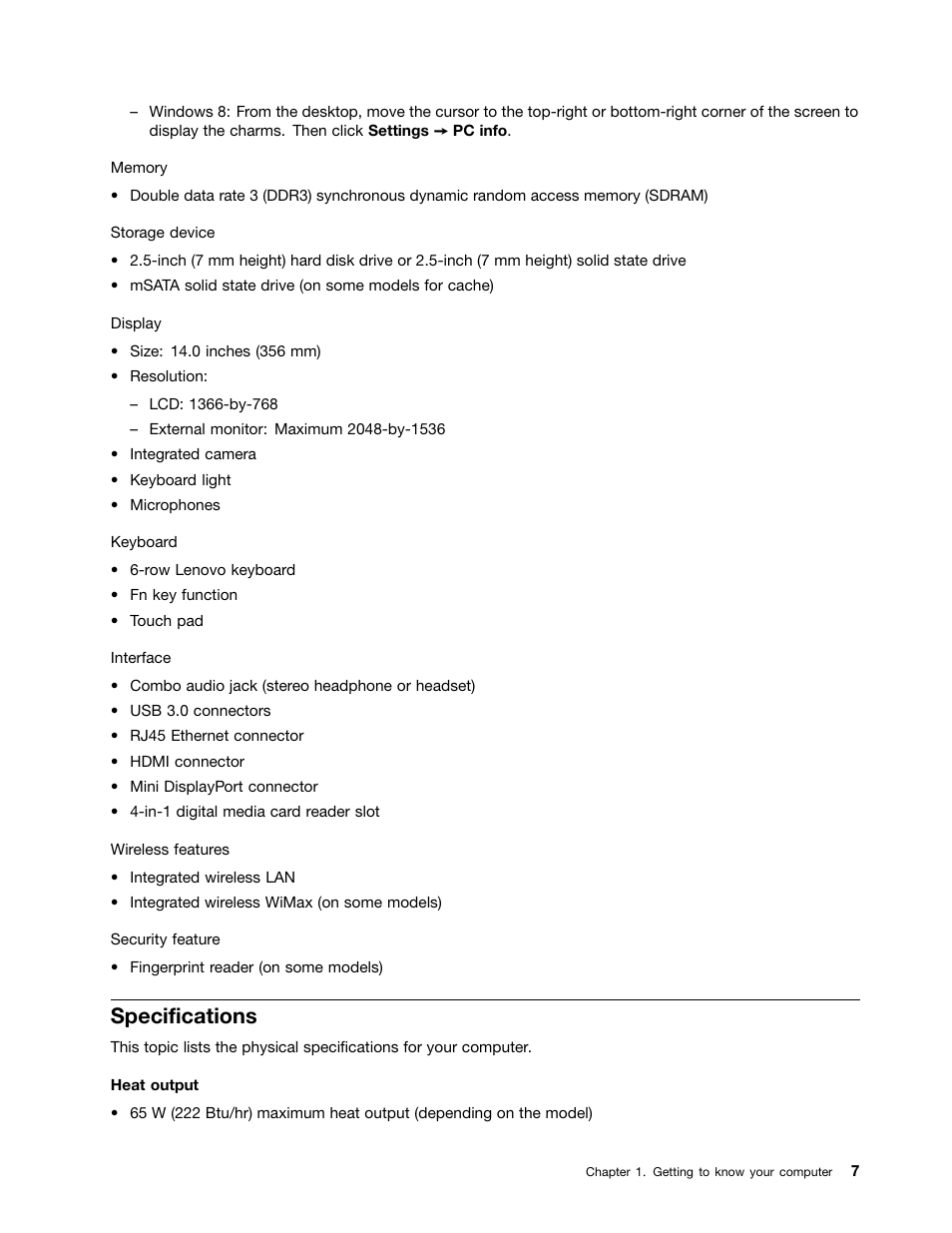 Specifications | Lenovo V490u Notebook User Manual | Page 19 / 62