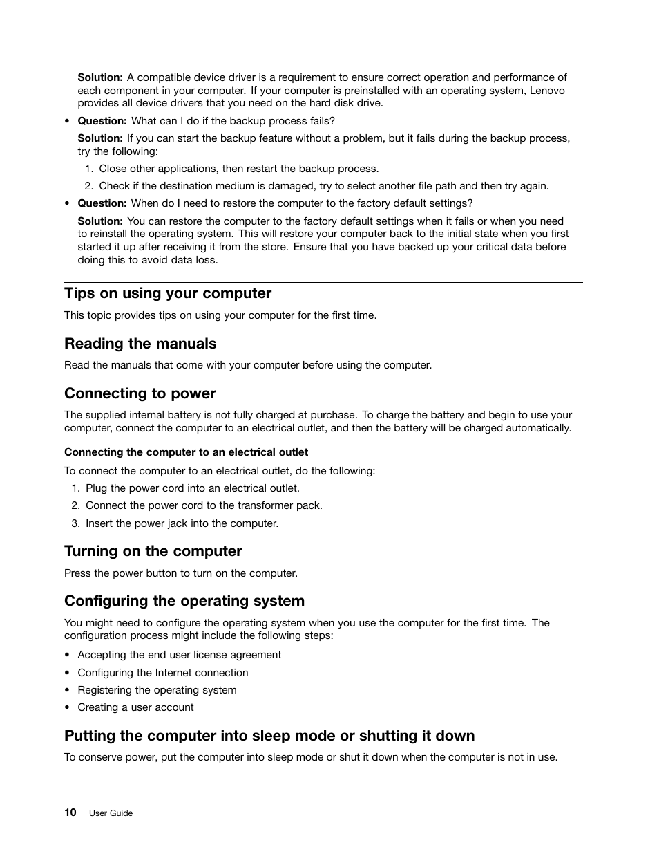 Tips on using your computer, Reading the manuals, Connecting to power | Turning on the computer, Configuring the operating system | Lenovo V490u Notebook User Manual | Page 22 / 62